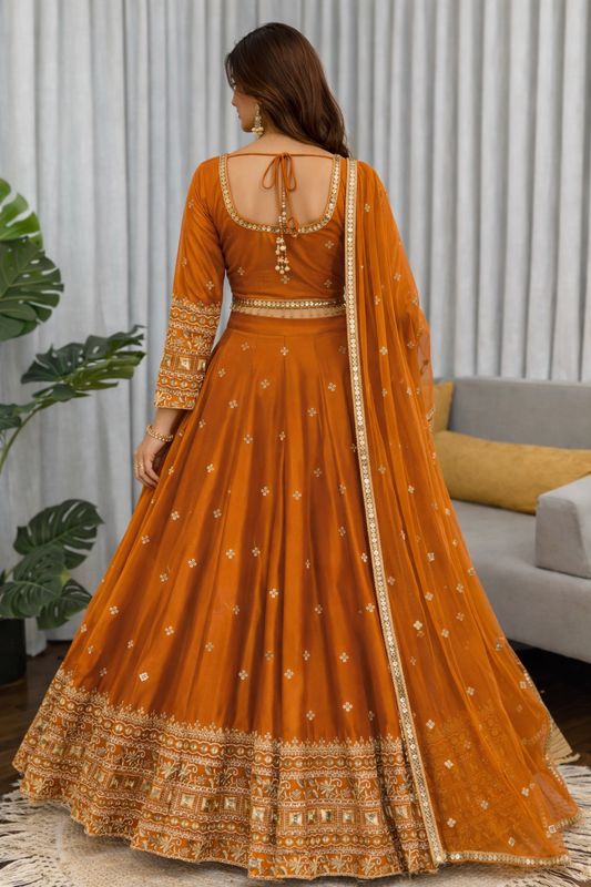 Rust Orange Color Japan Satin Silk Sequence Work Lehenga Choli