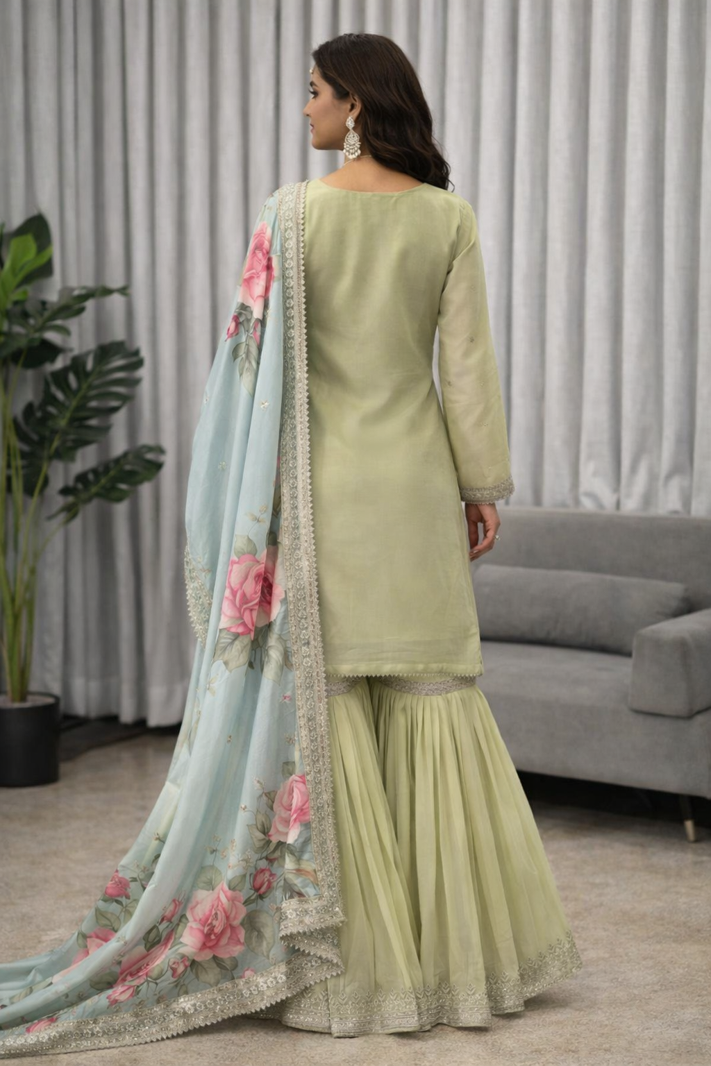 Pista Green Color Heavy Work Wear Sharara Suit For Wedding