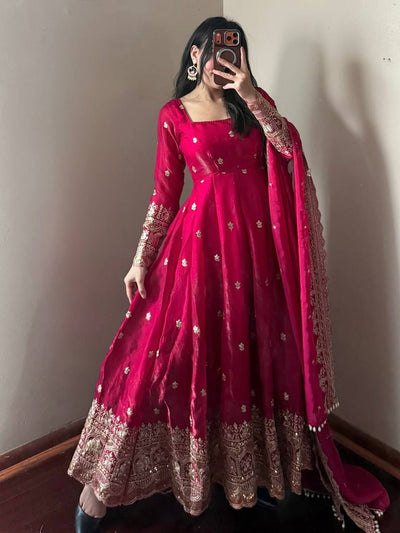 Red Color Fandy Silk With Embroidery And Sequence Work Anarkali Suit