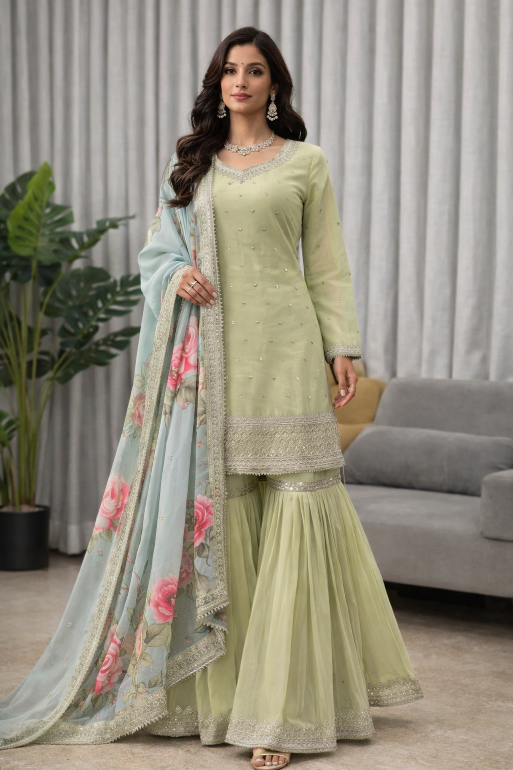 Pista Green Color Heavy Work Wear Sharara Suit For Wedding