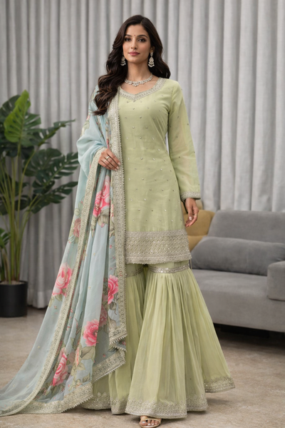 Pista Green Color Heavy Work Wear Sharara Suit For Wedding