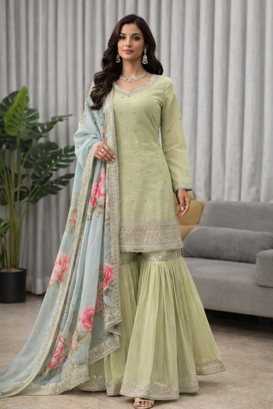 Pista Green Color Heavy Work Wear Sharara Suit For Wedding