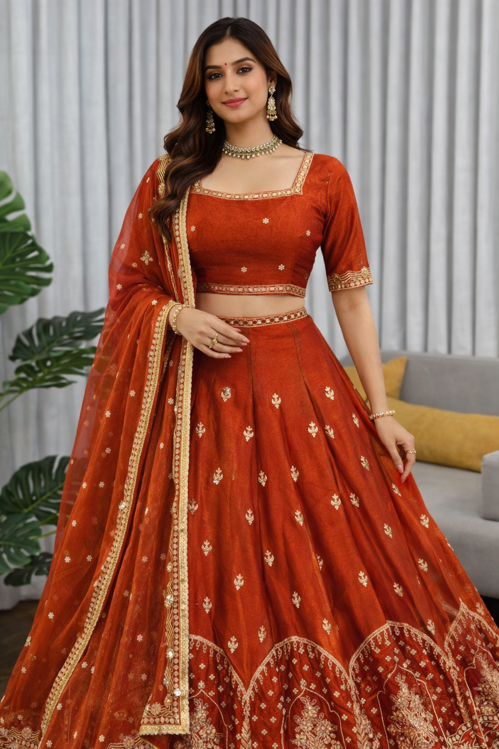 Wedding Wear Dark Orange Color Sequence With Thread Work Lehenga Choli