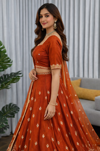 Wedding Wear Dark Orange Color Sequence With Thread Work Lehenga Choli