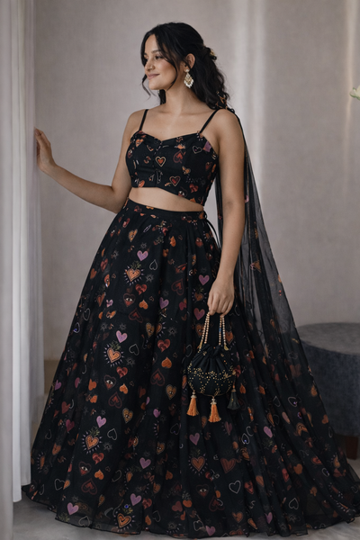 Classy Black Color Hand Painted Lehenga Choli For Festive