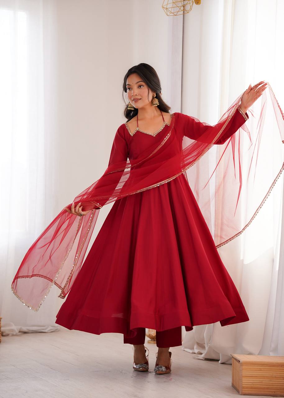 Classy Red Color Chanderi Silk Anarkali Suit