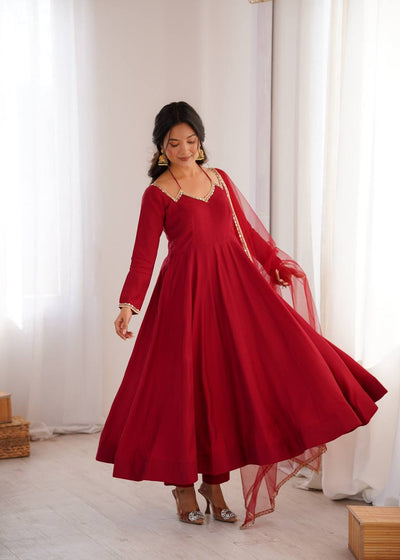 Classy Red Color Chanderi Silk Anarkali Suit