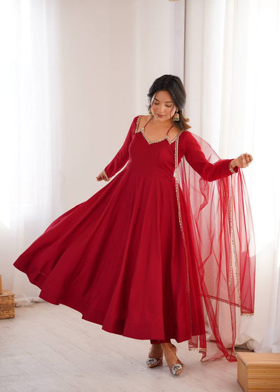 Classy Red Color Chanderi Silk Anarkali Suit