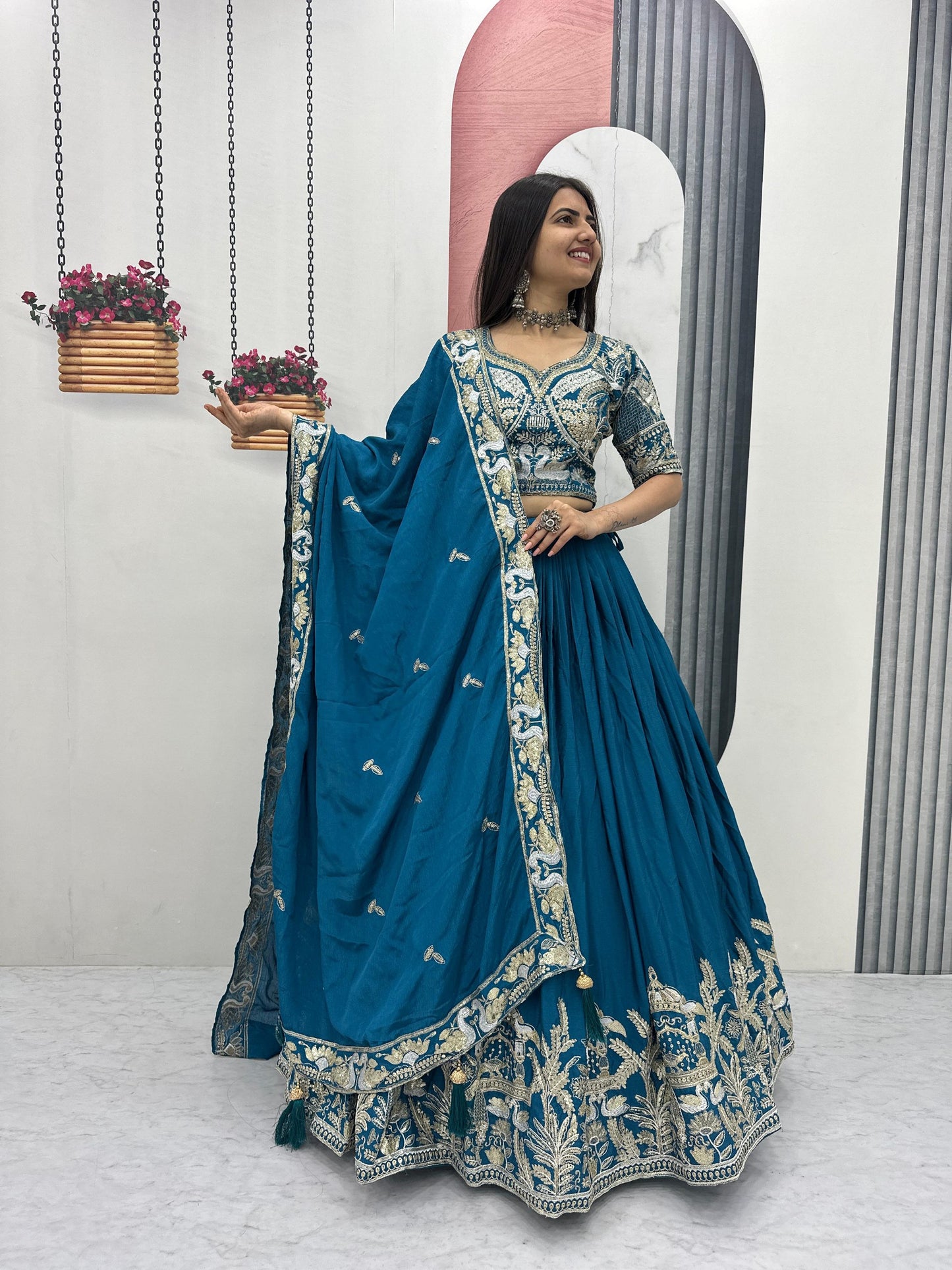 Sky Blue Color Thread Work Ready To Wear Lehenga Choli For Women
