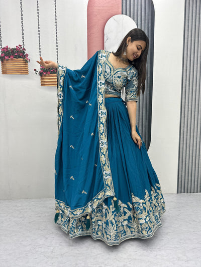 Sky Blue Color Thread Work Ready To Wear Lehenga Choli For Women