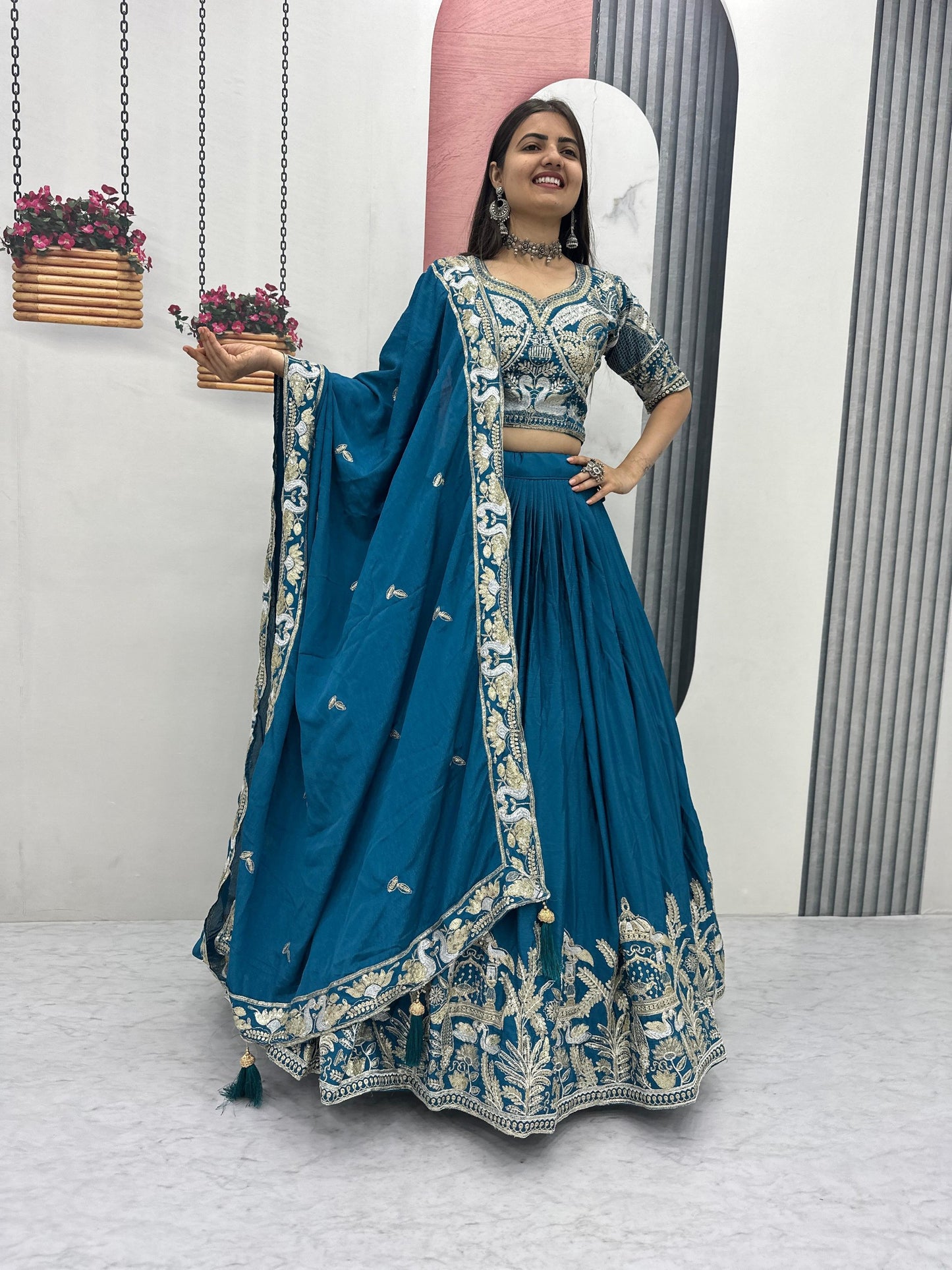 Sky Blue Color Thread Work Ready To Wear Lehenga Choli For Women