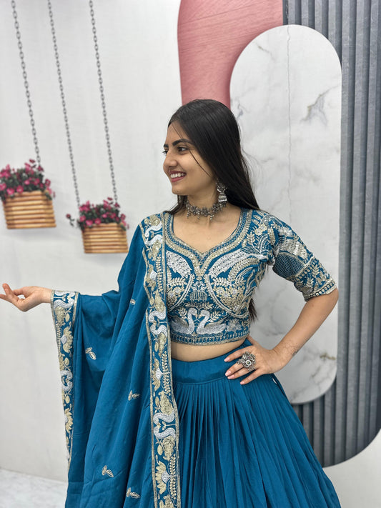 Sky Blue Color Thread Work Ready To Wear Lehenga Choli For Women