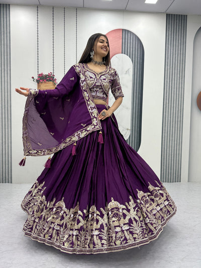 Purple Color Wedding Wear Chinon Silk Lehenga Choli For Women