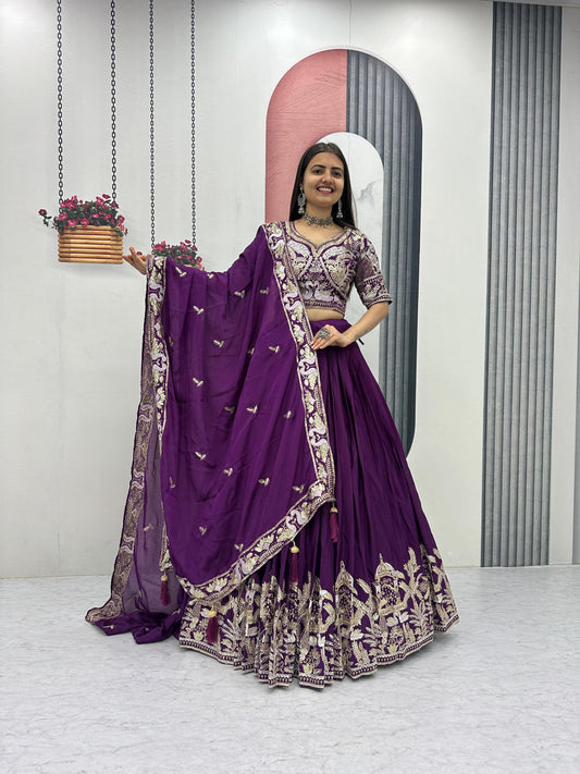 Purple Color Wedding Wear Chinon Silk Lehenga Choli For Women