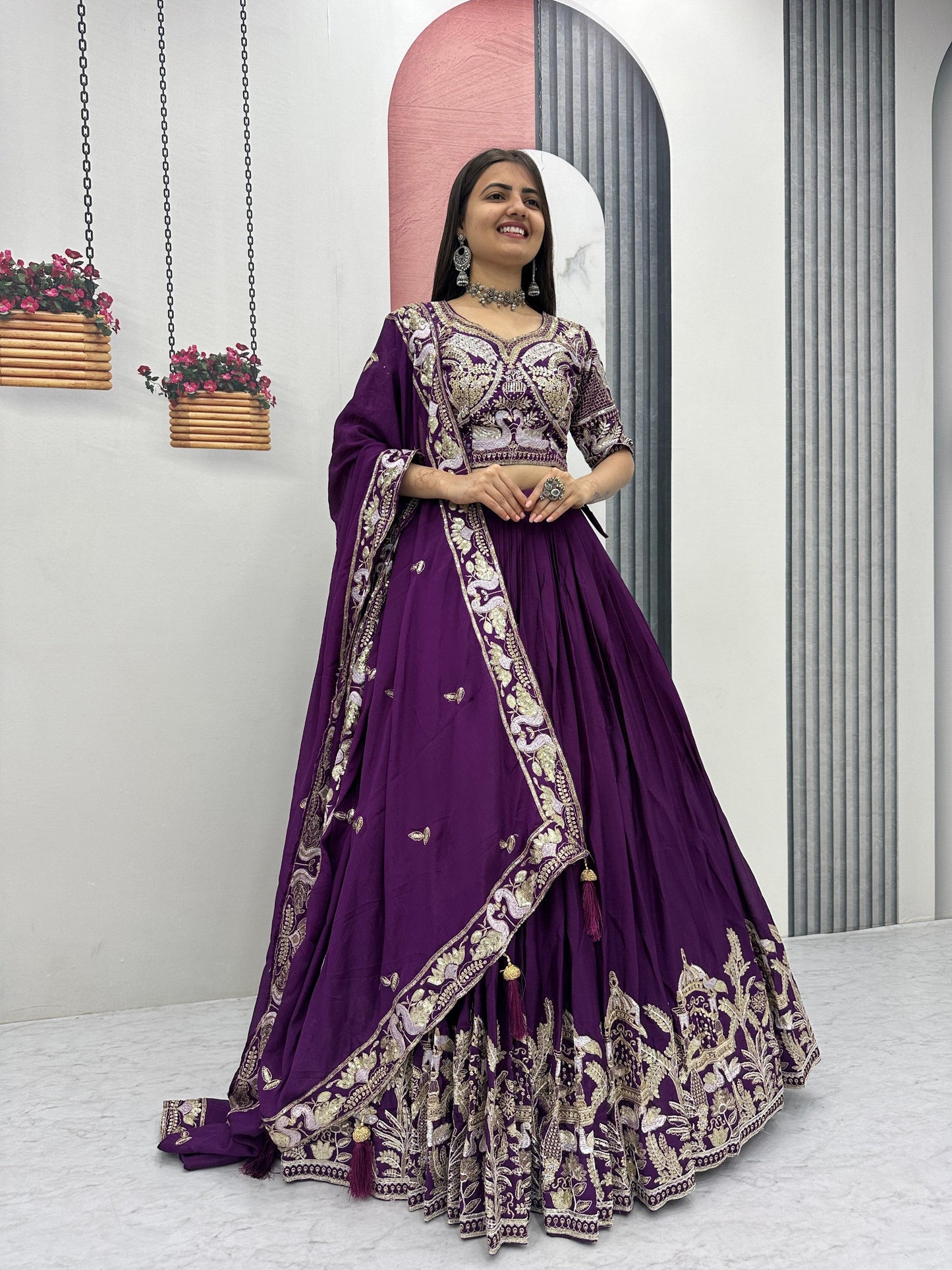 Purple Color Wedding Wear Chinon Silk Lehenga Choli For Women