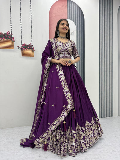 Purple Color Wedding Wear Chinon Silk Lehenga Choli For Women
