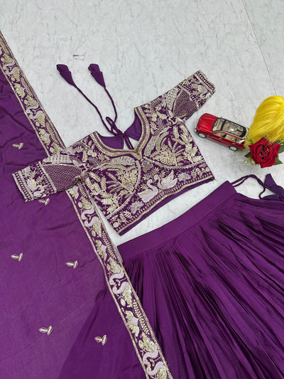Purple Color Wedding Wear Chinon Silk Lehenga Choli For Women
