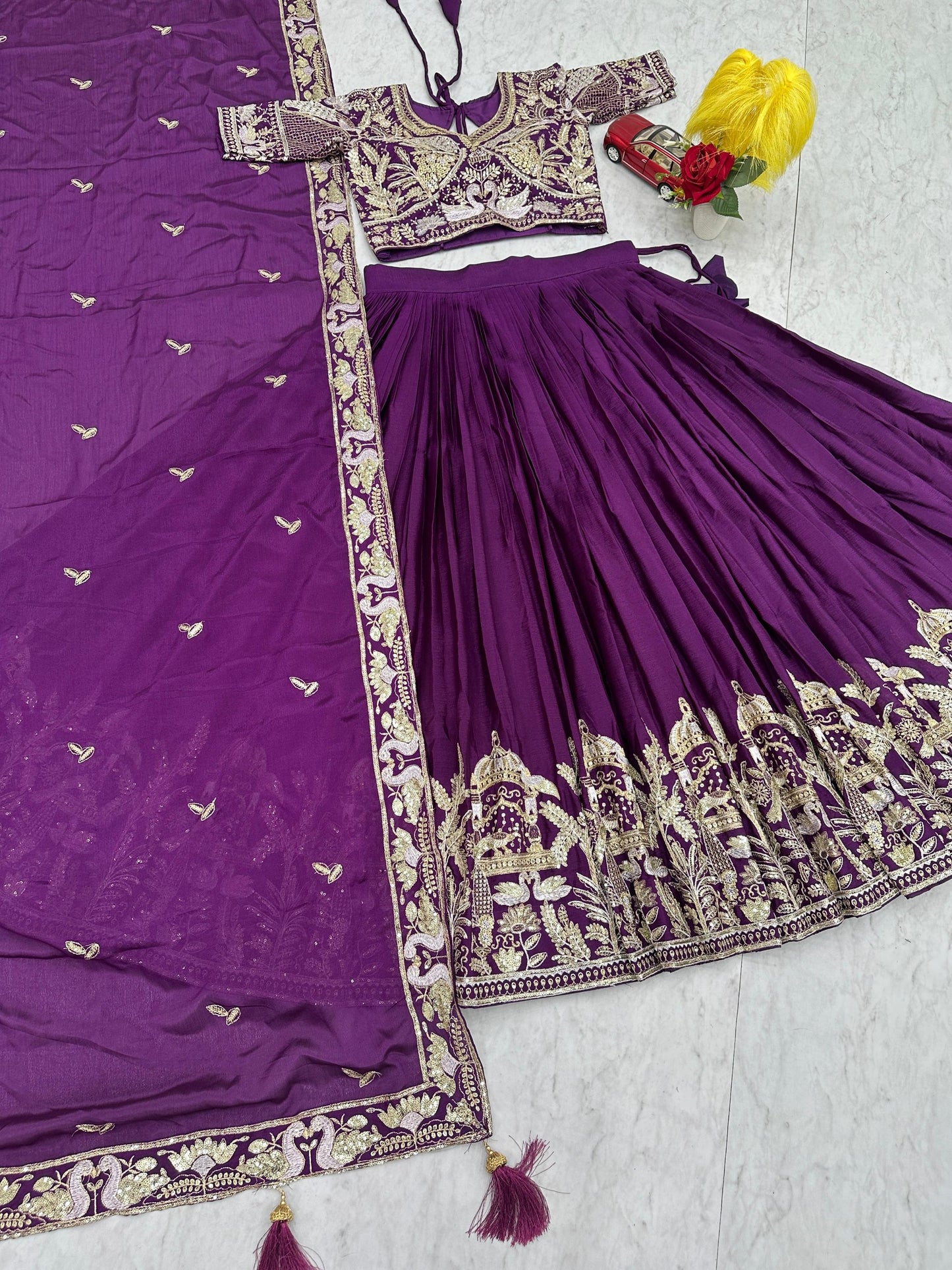 Purple Color Wedding Wear Chinon Silk Lehenga Choli For Women