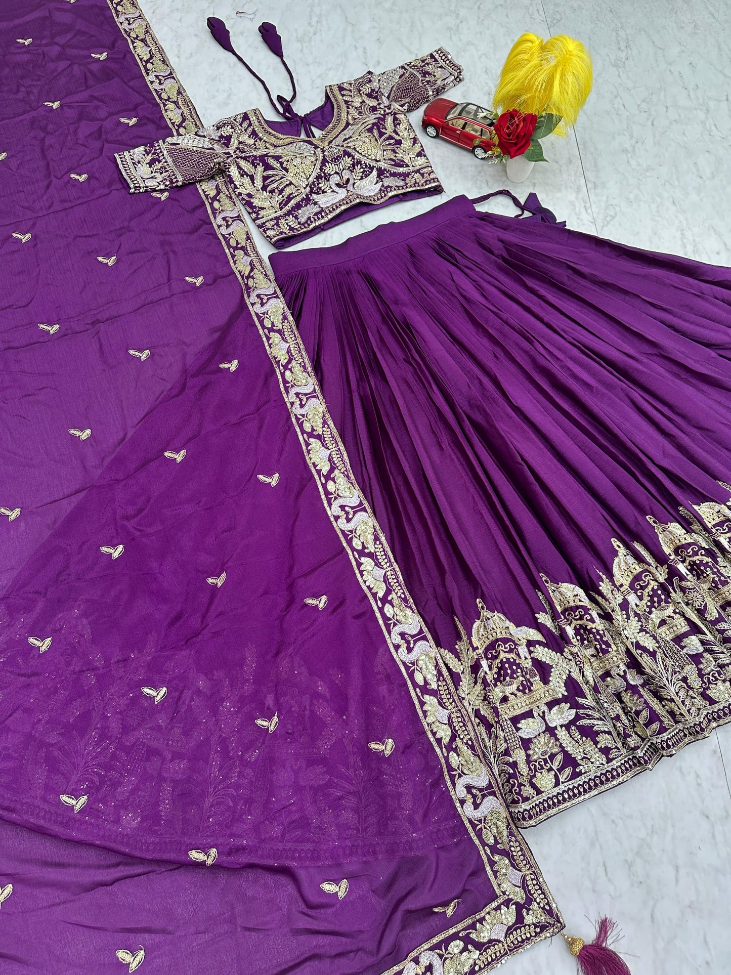 Purple Color Wedding Wear Chinon Silk Lehenga Choli For Women