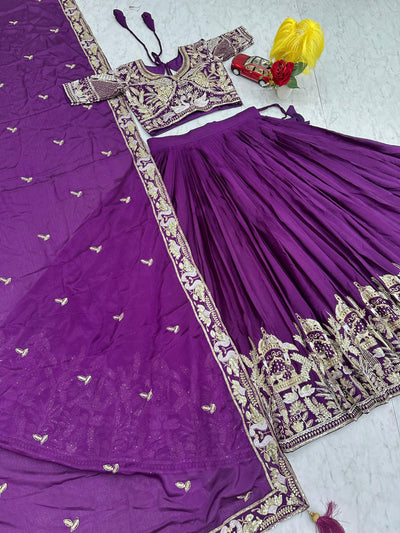Purple Color Wedding Wear Chinon Silk Lehenga Choli For Women