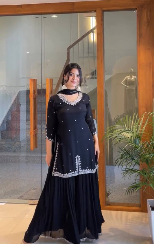 Black Color Designer Plazo Suit For Function Wear