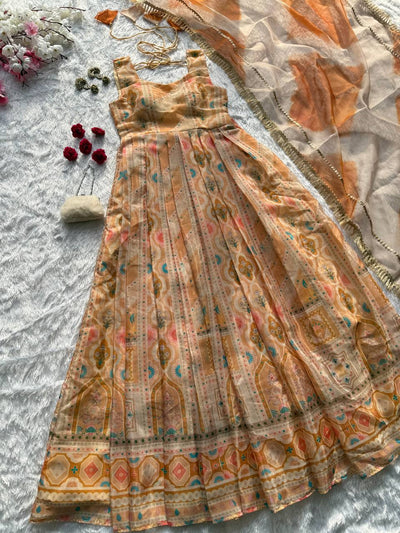 Mustard Yellow Color Jimmy Organza Silk Wear Anarkali Gown