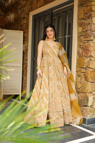 Mustard Yellow Color Jimmy Organza Silk Wear Anarkali Gown