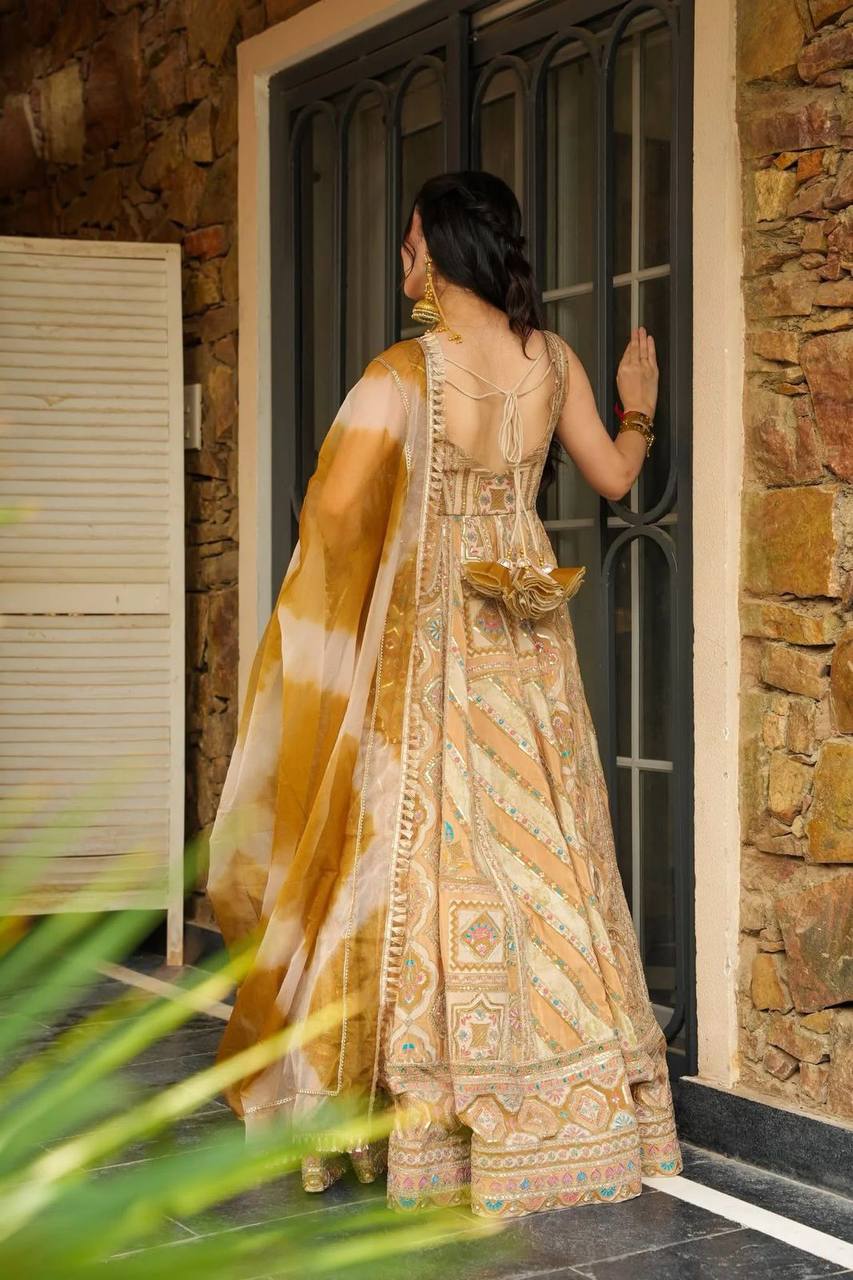 Mustard Yellow Color Jimmy Organza Silk Wear Anarkali Gown