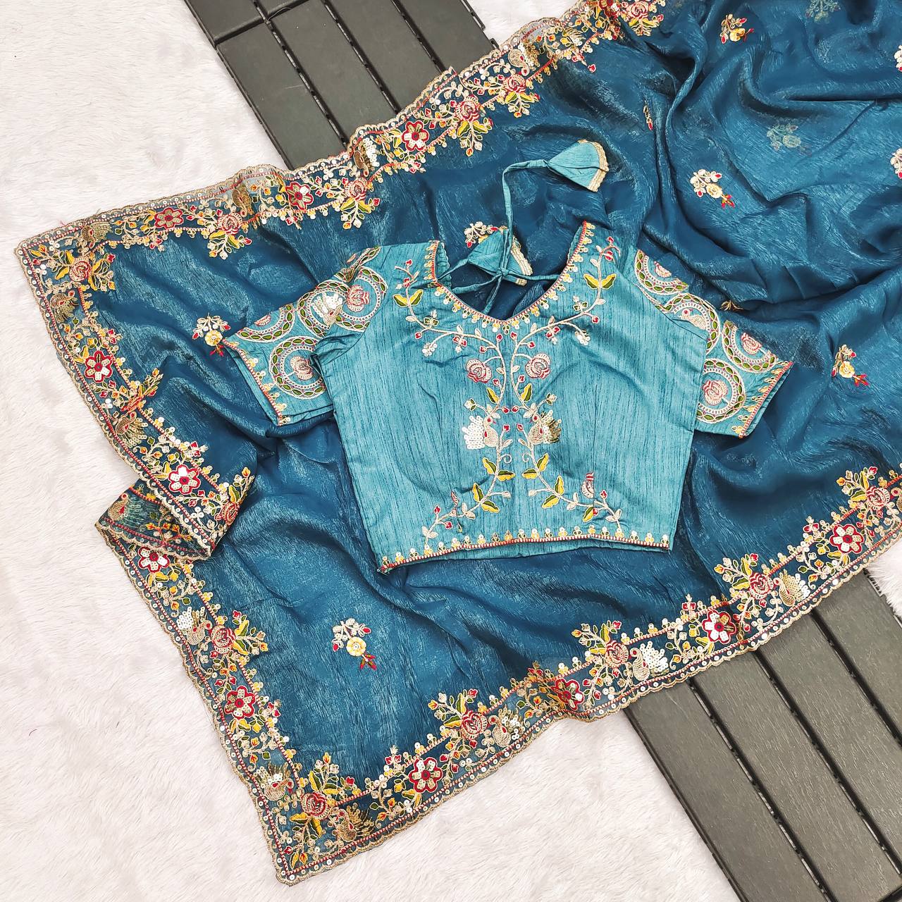 Sky Blue Color Crunchy Silk With Embroidery Work Saree