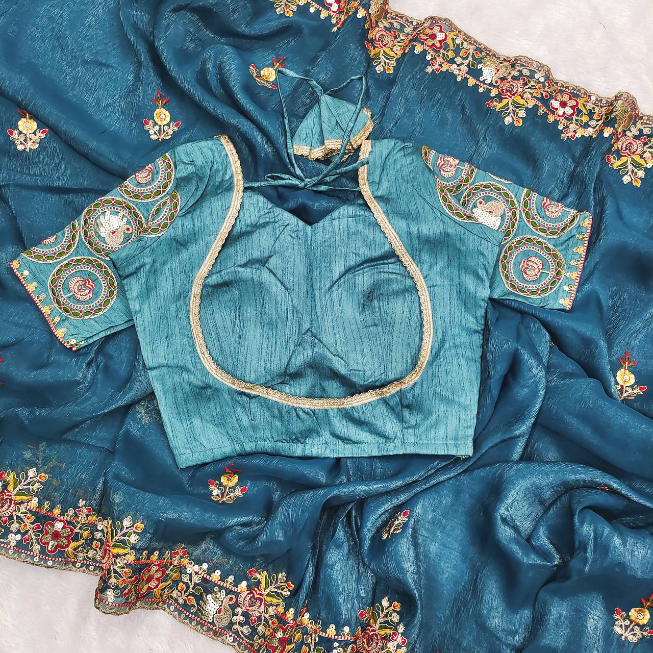 Sky Blue Color Crunchy Silk With Embroidery Work Saree