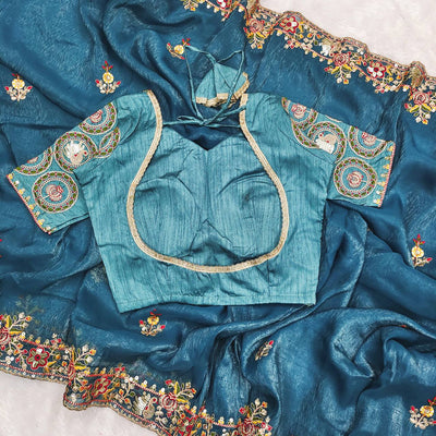 Sky Blue Color Crunchy Silk With Embroidery Work Saree