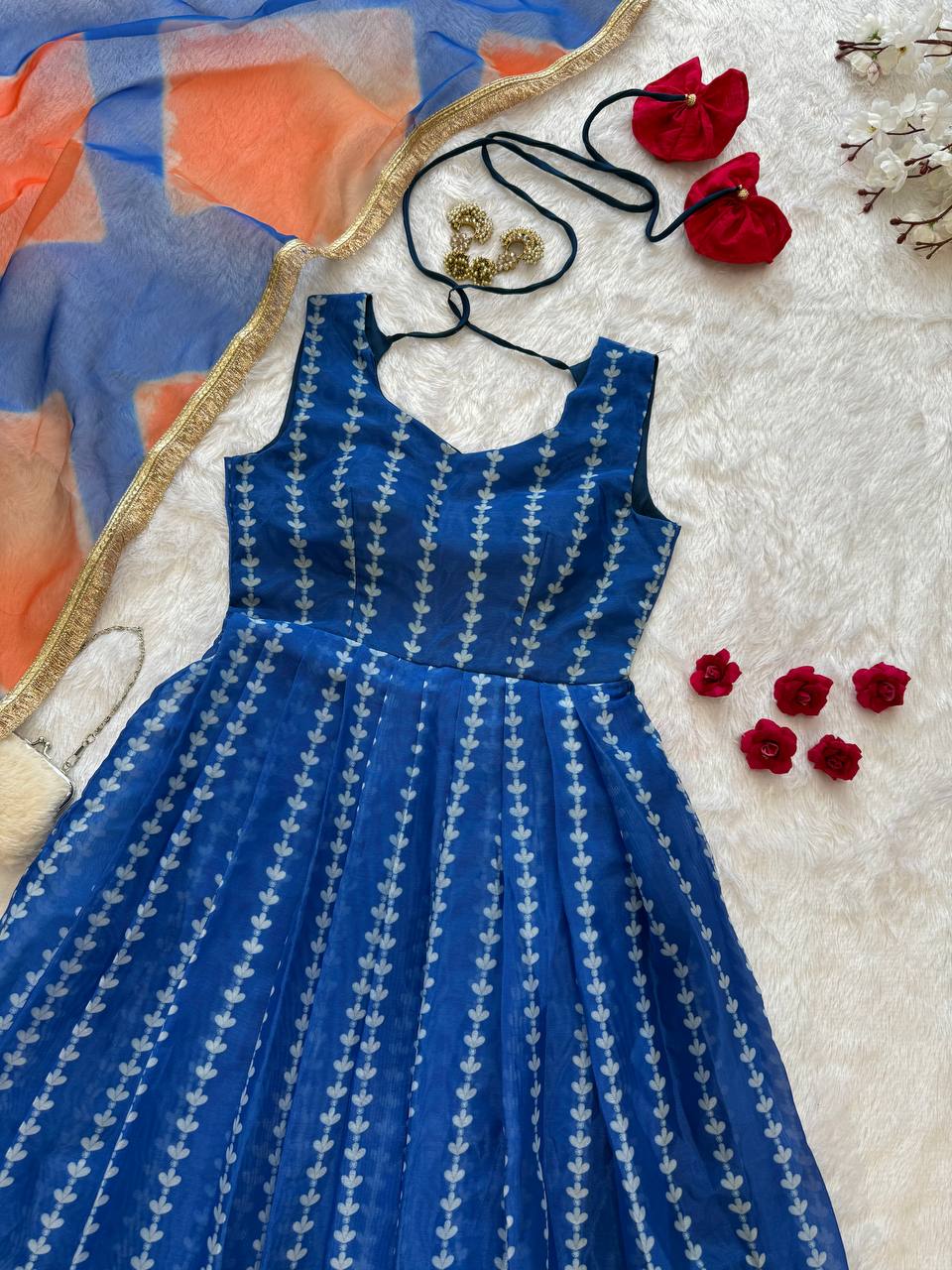 Royal Blue Color Jimmy Organza Silk Wear Gown With Dupatta