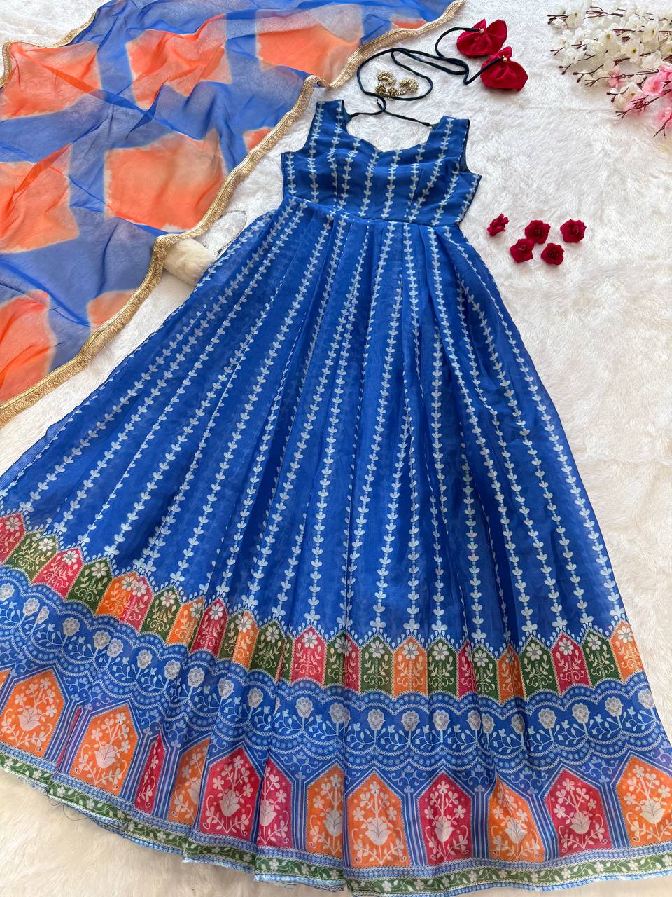 Royal Blue Color Jimmy Organza Silk Wear Gown With Dupatta