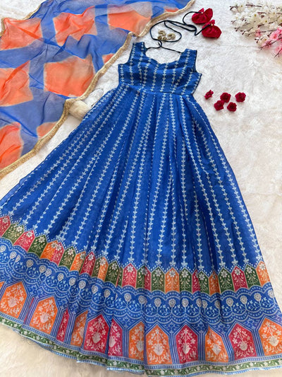 Royal Blue Color Jimmy Organza Silk Wear Gown With Dupatta