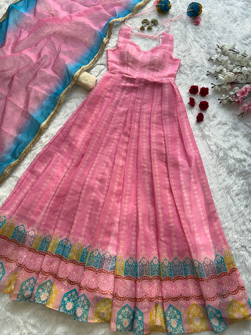 Pink Color Jimmy Organza Silk With Digital Printed Long Gown With Dupatta