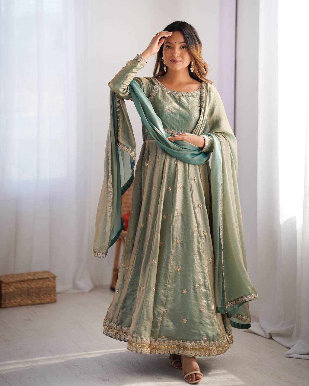 Sea Green Color Wedding Wear Anarkali Suit With Sequence Work