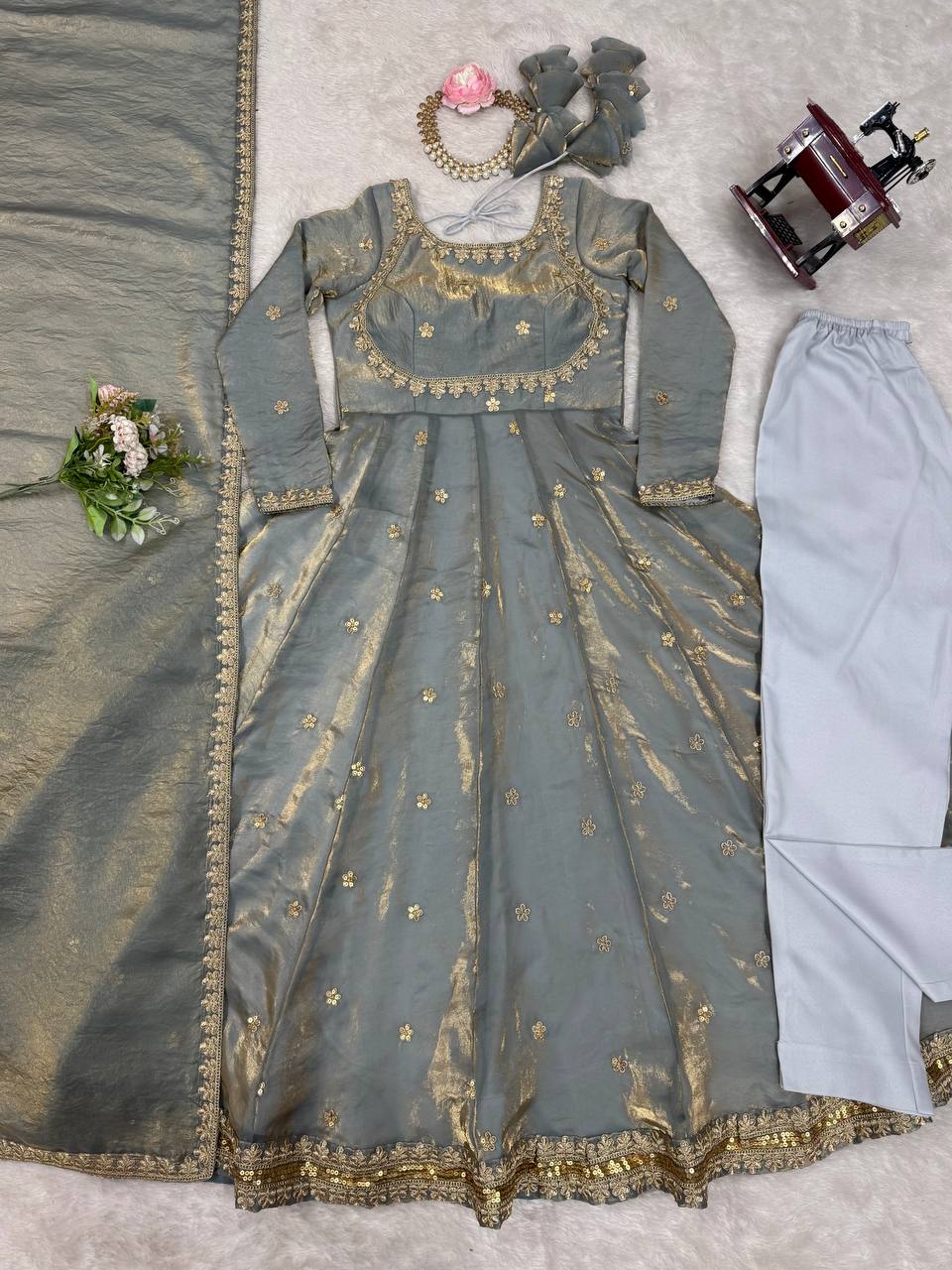 Gray Color Beautiful Wear Anarkali Suit For Wedding