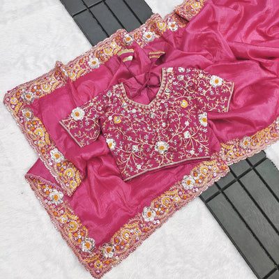 Pink Color Gold Crush With Embroidery Work Saree For Traditional Wear