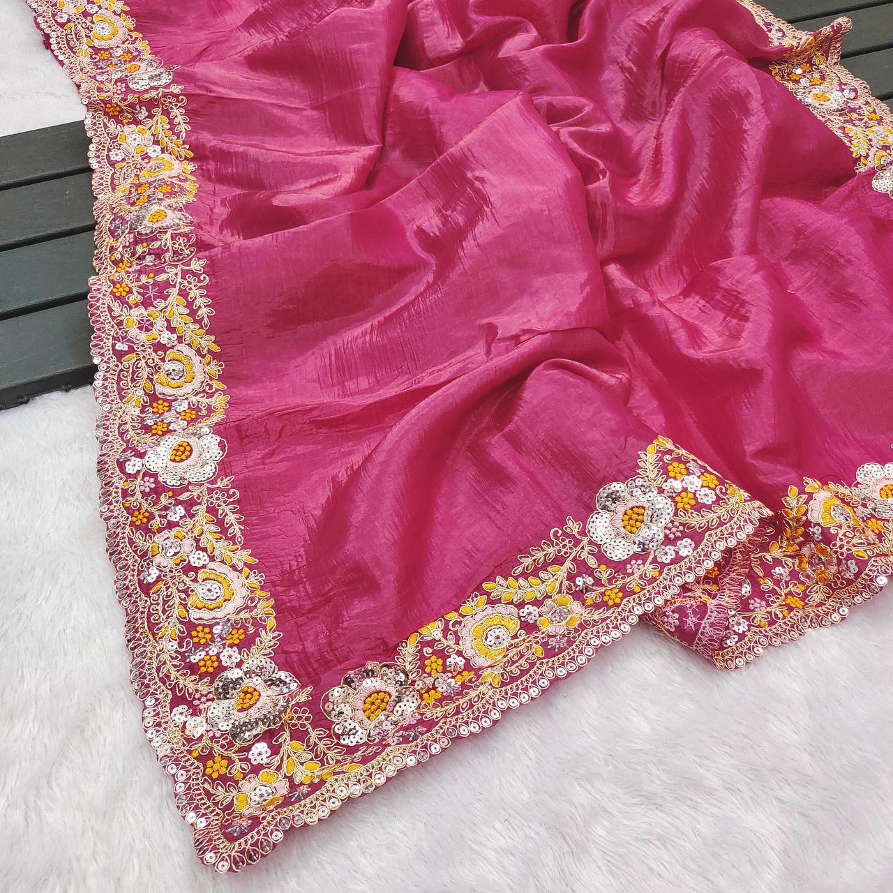 Pink Color Gold Crush With Embroidery Work Saree For Traditional Wear