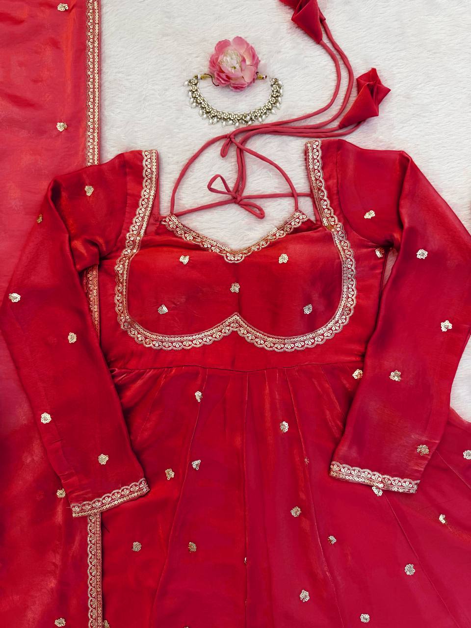 Beautiful Red Color Thread With Sequence Work Anarkali Suit