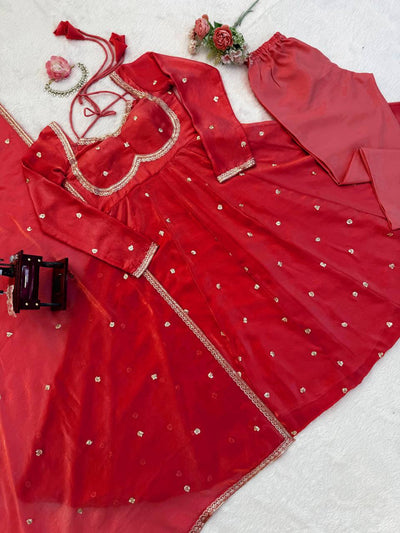 Beautiful Red Color Thread With Sequence Work Anarkali Suit
