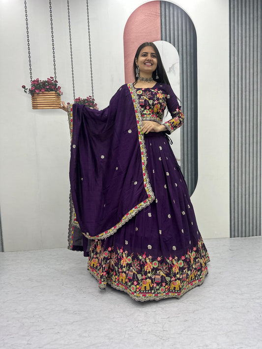 Purple Color Chinon Silk Embroidery Work Lehenga Choli For Wedding