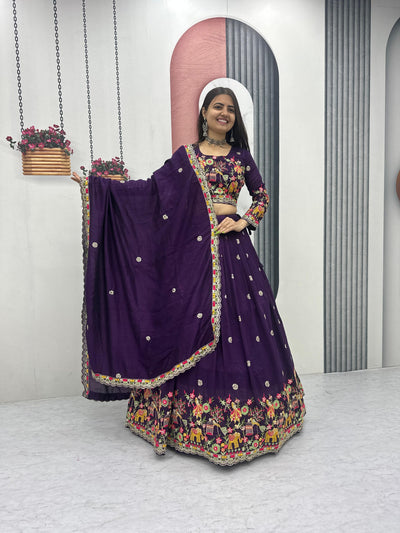 Purple Color Chinon Silk Embroidery Work Lehenga Choli For Wedding