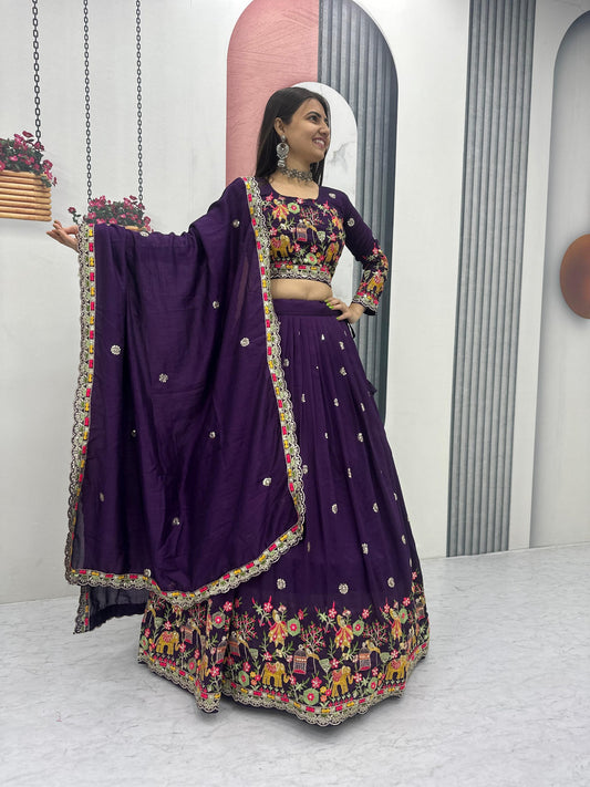 Purple Color Chinon Silk Embroidery Work Lehenga Choli For Wedding