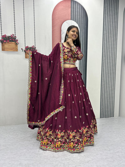 Maroon Color CHinon Silk With Thread Work Lehenga Choli For Wedding