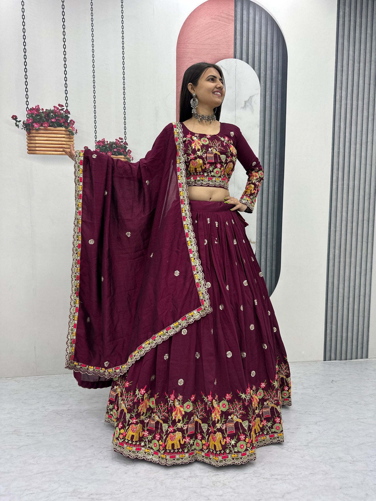 Maroon Color CHinon Silk With Thread Work Lehenga Choli For Wedding