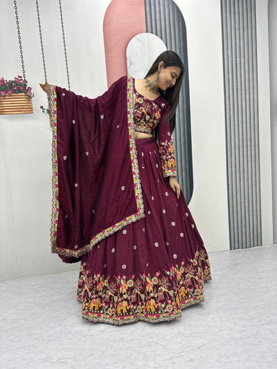 Maroon Color CHinon Silk With Thread Work Lehenga Choli For Wedding