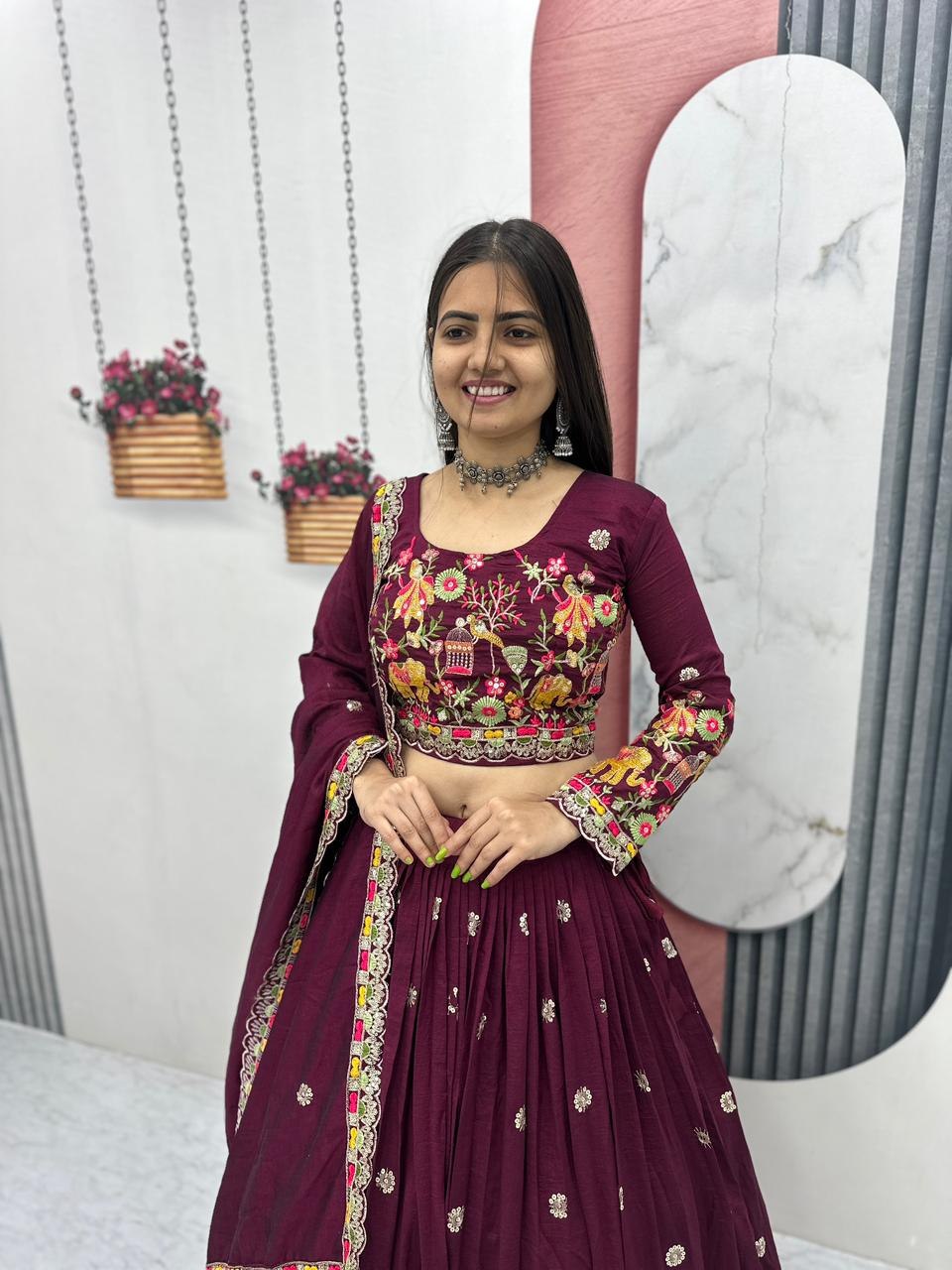 Maroon Color CHinon Silk With Thread Work Lehenga Choli For Wedding