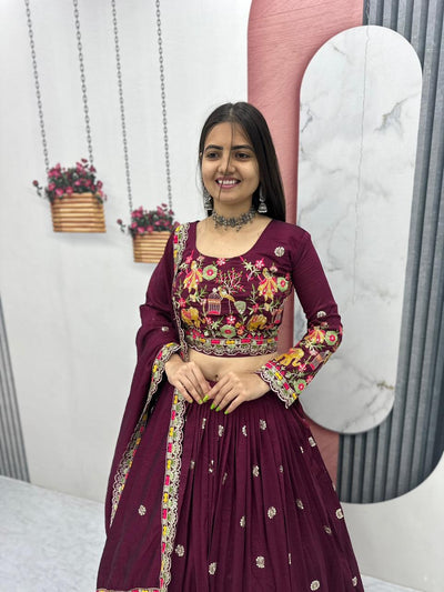 Maroon Color CHinon Silk With Thread Work Lehenga Choli For Wedding
