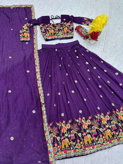 Purple Color Chinon Silk Embroidery Work Lehenga Choli For Wedding